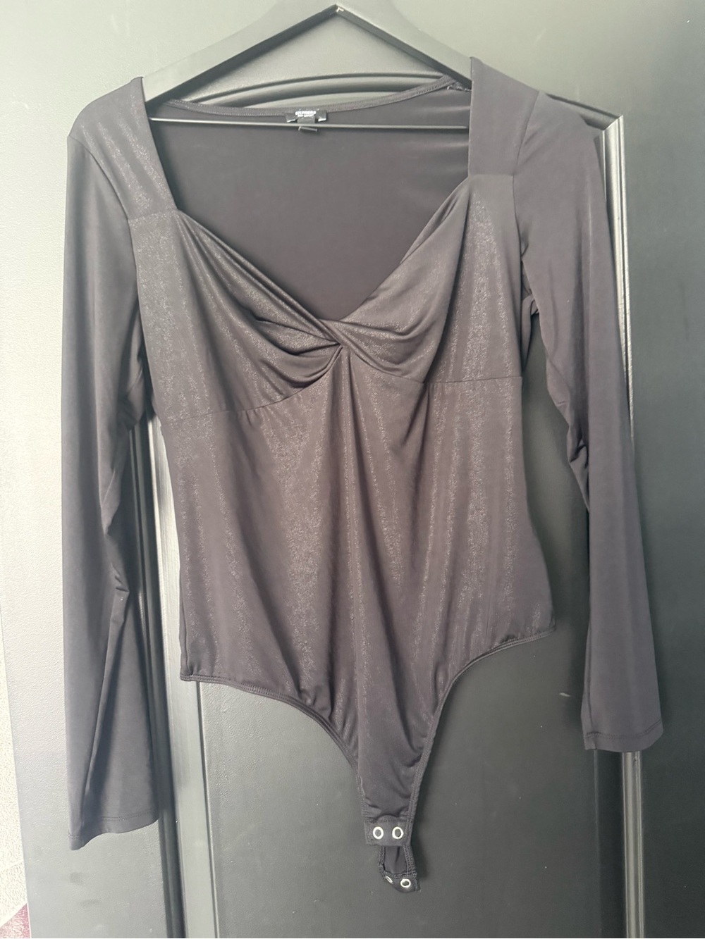 Express Black Long-Sleeve Twist-Front Bodysuit slight shimmer